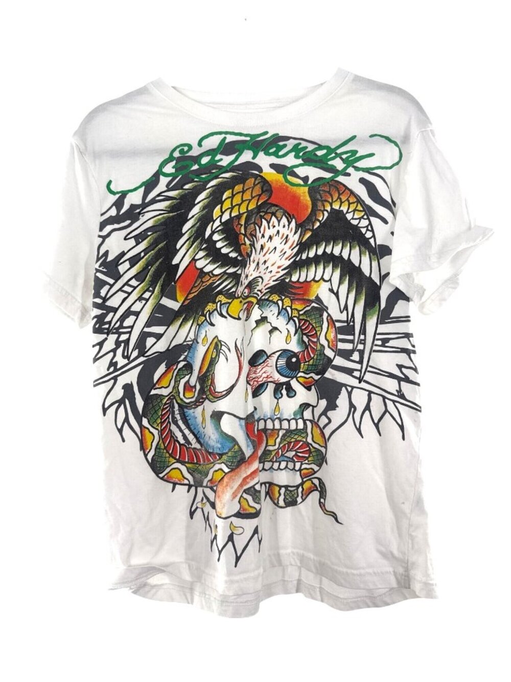 Ed Hardy White Graphic T-Shirt With Eagle & Skull Design Size M Y2K